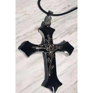Handmade Black Resin Cross Pendant with Inlaid Silver‎ Metal Rose